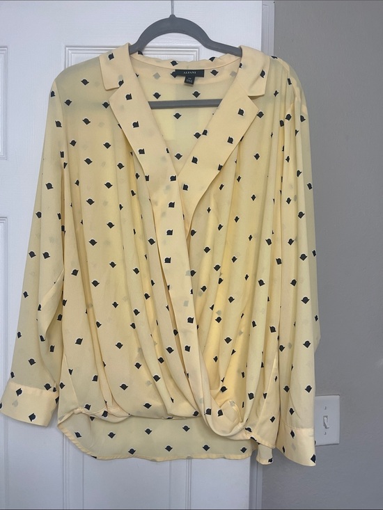 Alfani Tops - Alfani Pale Yellow Draped Blouse with Black Diamond Motif